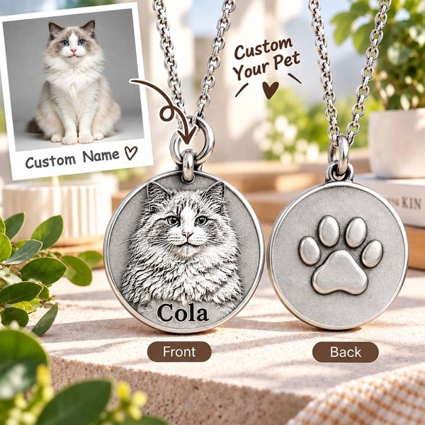 Personalized 3D Embossed Ragdoll Coin Photo Name Necklace Custom 925 Sterling Silver Pet Portrait Coin Necklace Gift for Cat Mom