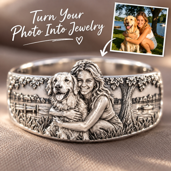 Personalized S925 Sterling Silver 3D Pet Ring, Custom Photo to 3D Sculpted Dog & Cat Animal Ring, Plain Band Unique Pet Mom Keepsake Jewelry - namenecklace