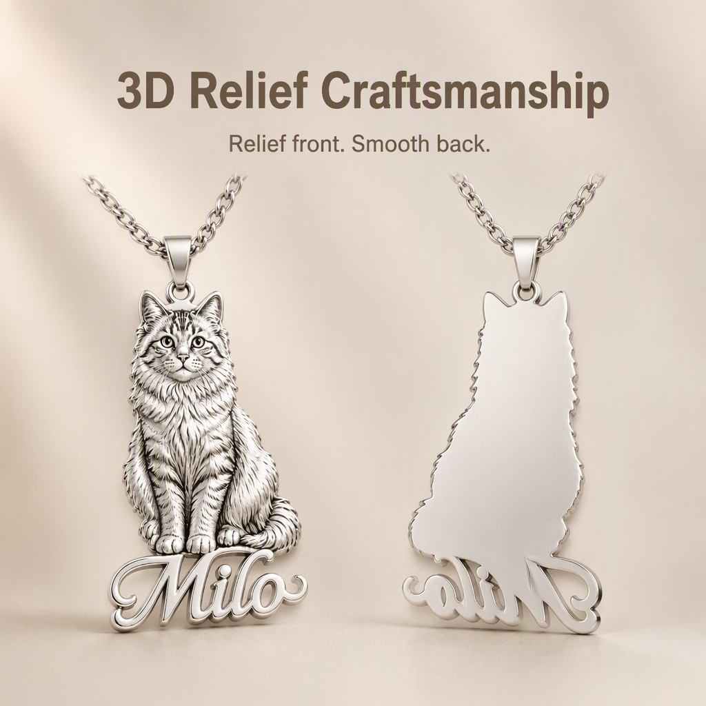 Personalized 925 Sterling Silver 3D Relief Full Body Pet Portrait Necklace Custom Photo Name Pendant Gift For Pet Lovers