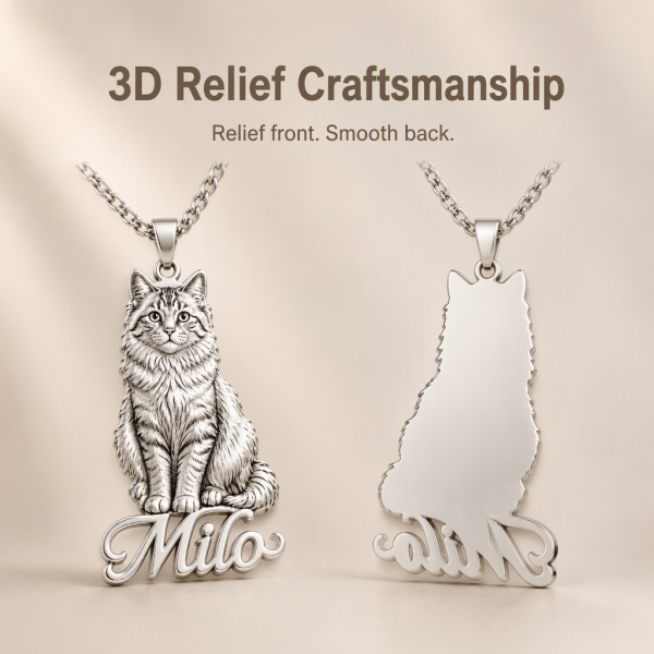Personalized 925 Sterling Silver 3D Relief Full Body Pet Portrait Necklace Custom Photo Name Pendant Gift For Pet Lovers