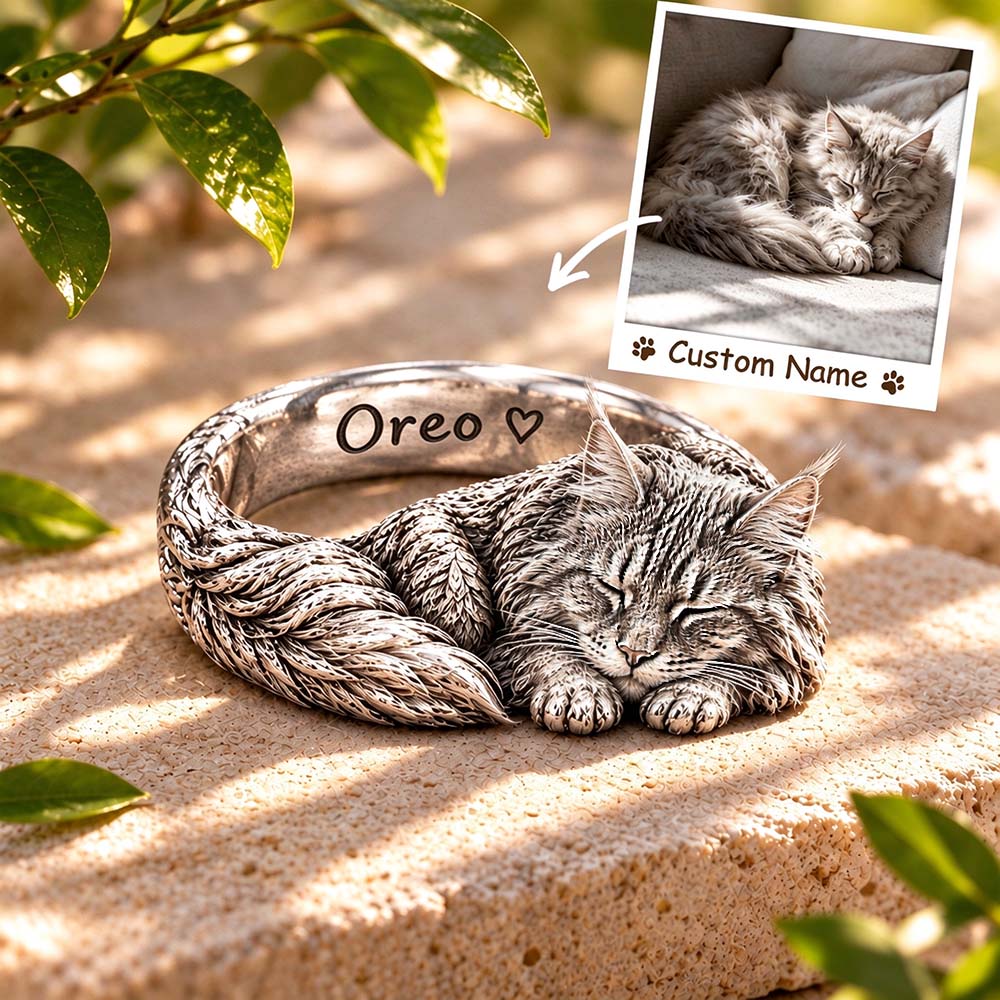 Custom 3D Embossed Sleeping Pet Ring Personalized 925 Sterling Silver Photo Maine Coon Ring Cat Memorial Gift
