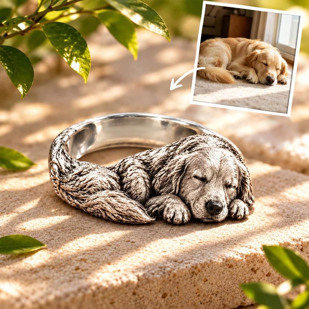 Custom 3D Embossed Sleeping Pet Ring Personalized 925 Sterling Silver Photo Golden Retriever Ring Dog Memorial Gift