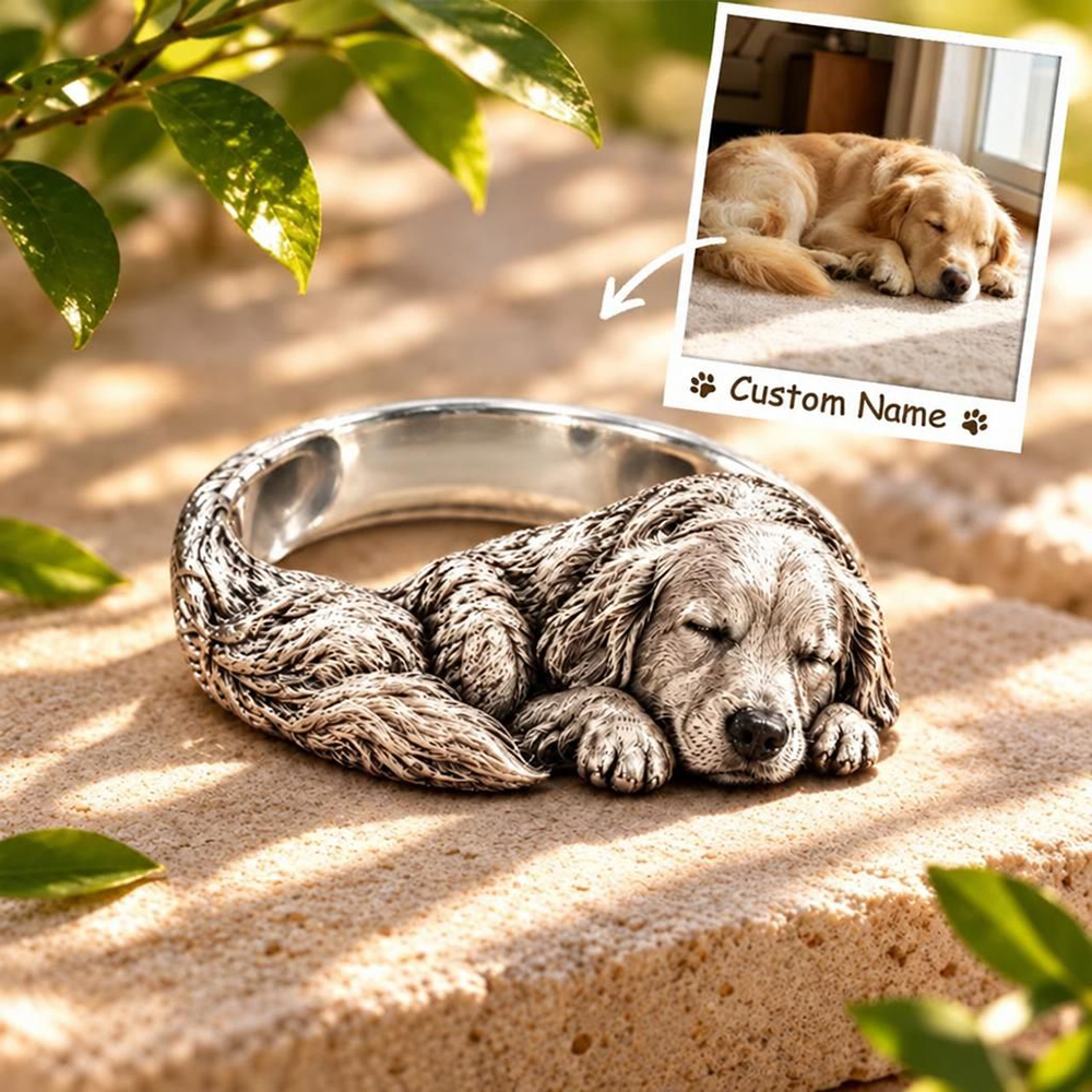 Custom 3D Embossed Sleeping Pet Ring Personalized 925 Sterling Silver Photo Golden Retriever Ring Dog Memorial Gift