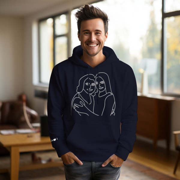 Custom Photo Embroidered Pocket Hoodie Text On Sleeve Colorful Couple Sweatshirt