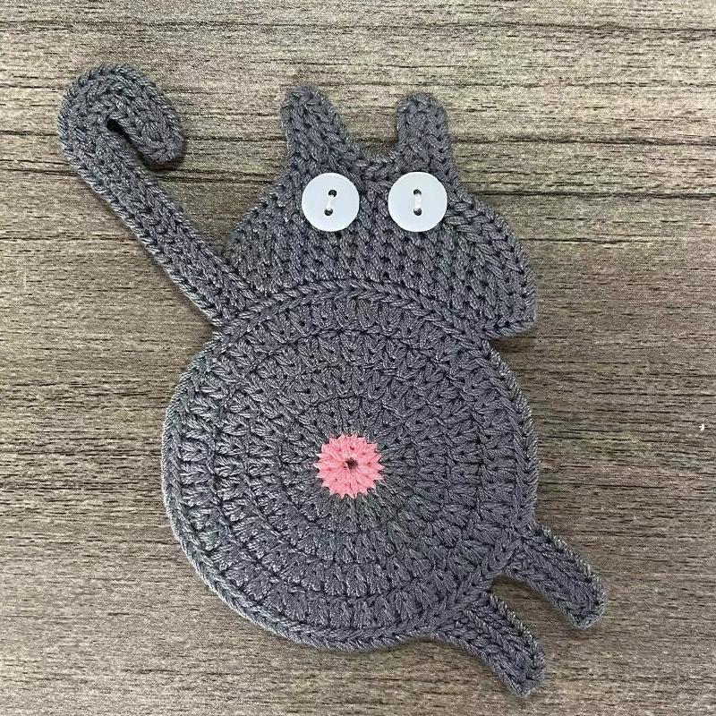 Funny Cat Butt Coasters Handmade Knitted Drink Coasters for Home Table Decor Cute Crochet Cat Bum Mats