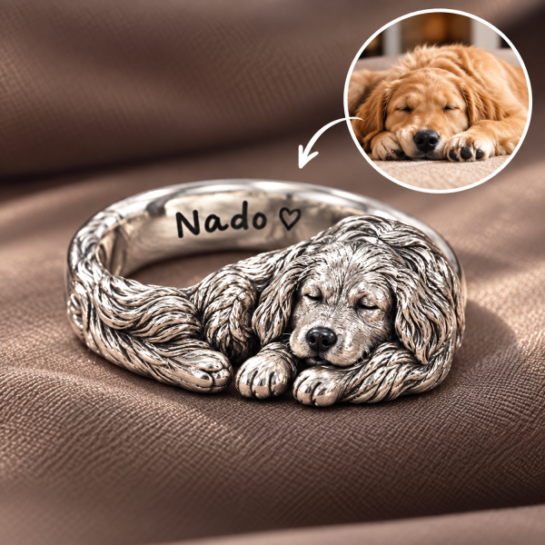 Personalized Dog Photo Ring – Custom 3D Sculpted 925 Sterling Silver Sleeping Pet Ring with Engraved Name