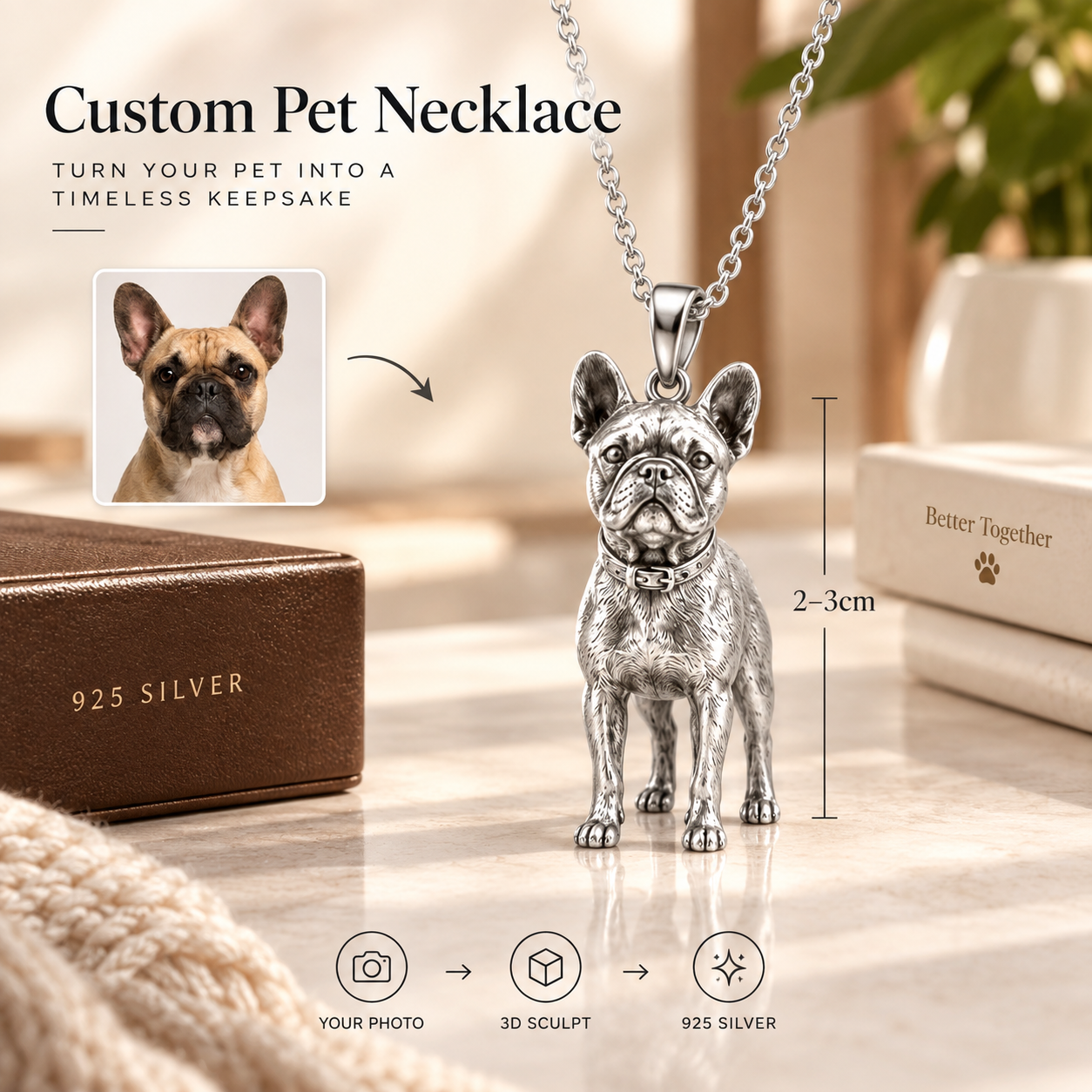 Personalized 925 Sterling Silver 3D Pet Photo Pendant Custom Full Body French Bulldog Figure Necklace Gift For Pet Owners