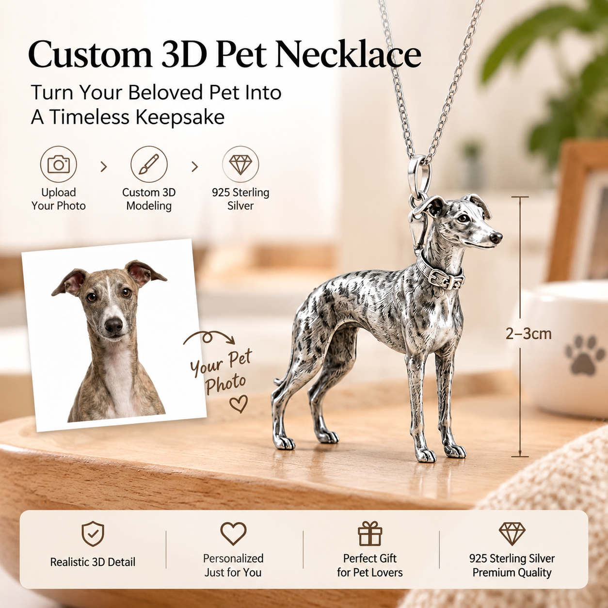 Personalized 925 Sterling Silver 3D Pet Photo Pendant Custom Full Body Greyhound Figure Necklace Gift For Pet Owners