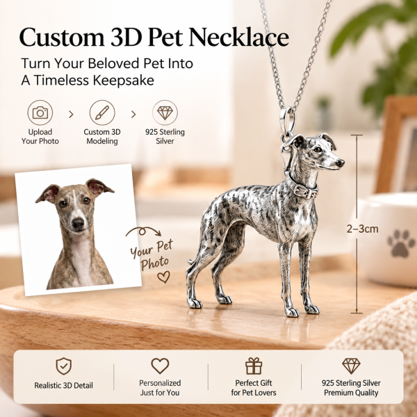 Personalized 925 Sterling Silver 3D Pet Photo Pendant Custom Full Body Greyhound Figure Necklace Gift For Pet Owners