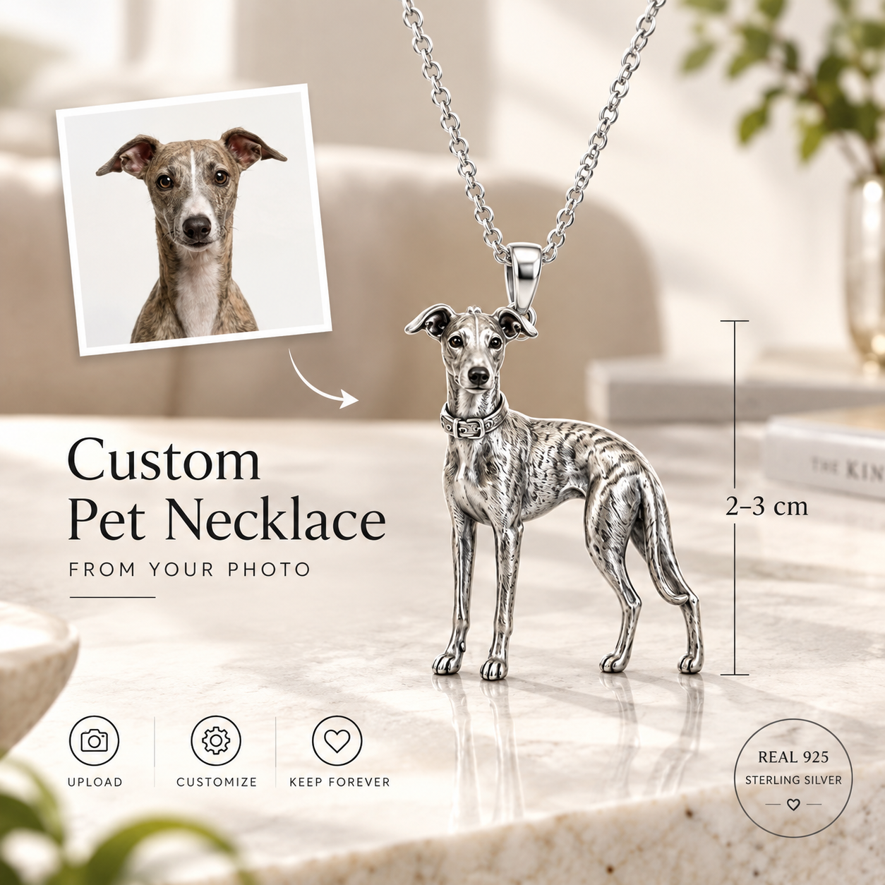 Personalized 925 Sterling Silver 3D Pet Photo Pendant Custom Full Body Greyhound Figure Necklace Gift For Pet Owners