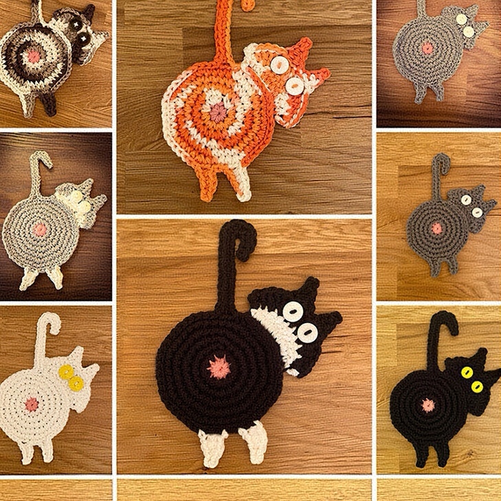 Funny Cat Butt Coasters Handmade Knitted Drink Coasters for Home Table Decor Cute Crochet Cat Bum Mats