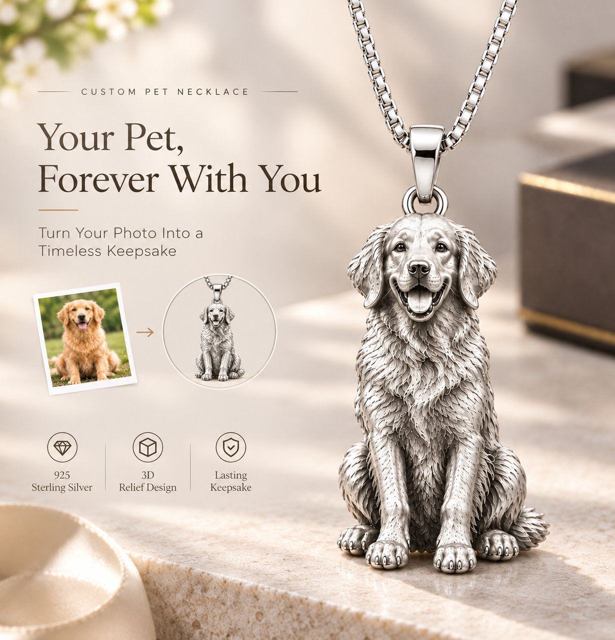 Personalized S925 Sterling Silver 3D Sculpted Pet Photo Necklace Custom Pet Relief Pendant Unique Dog Cat Memorial Jewelry Gift for Pet Lovers