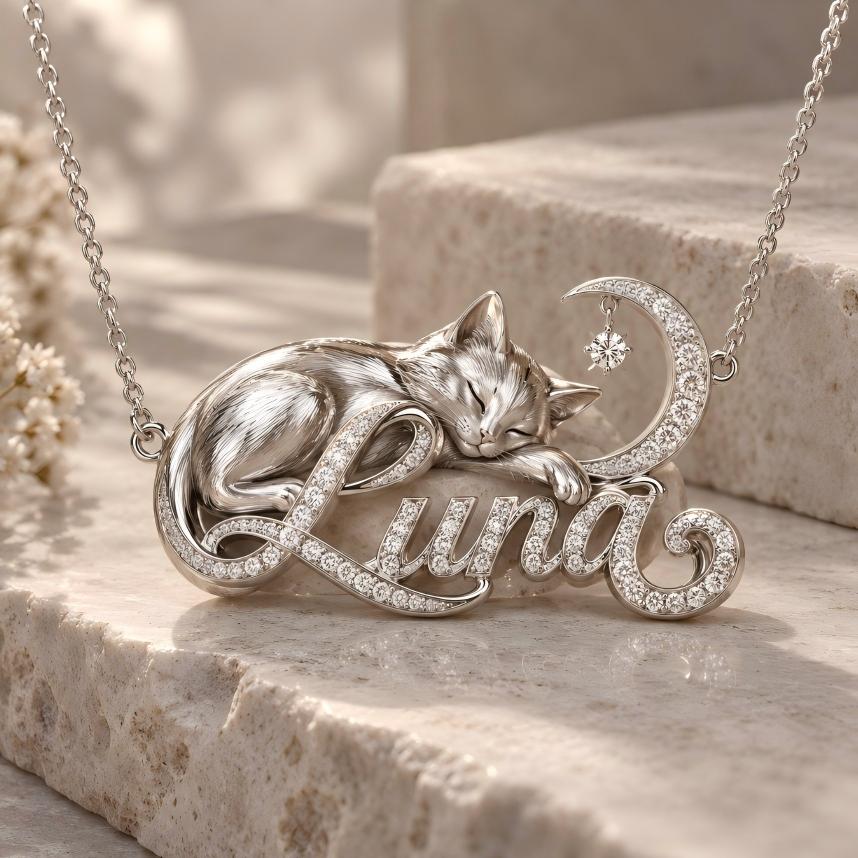 Personalized Pet Name Necklace Custom 3D Pet Photo Necklace in Sculptural 925 Sterling Silver with Moon and Sparkling Stone Accents Sentimental Jewelry Gift for Pet Lovers - namenecklace