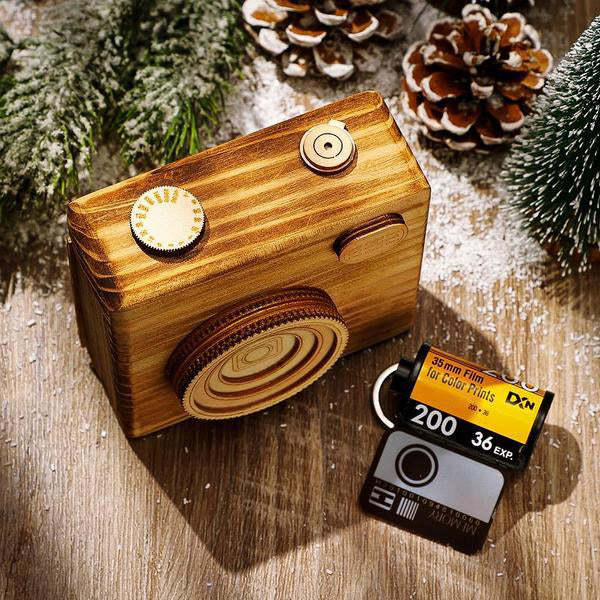Camera Wooden Box for Film Roll Keychain