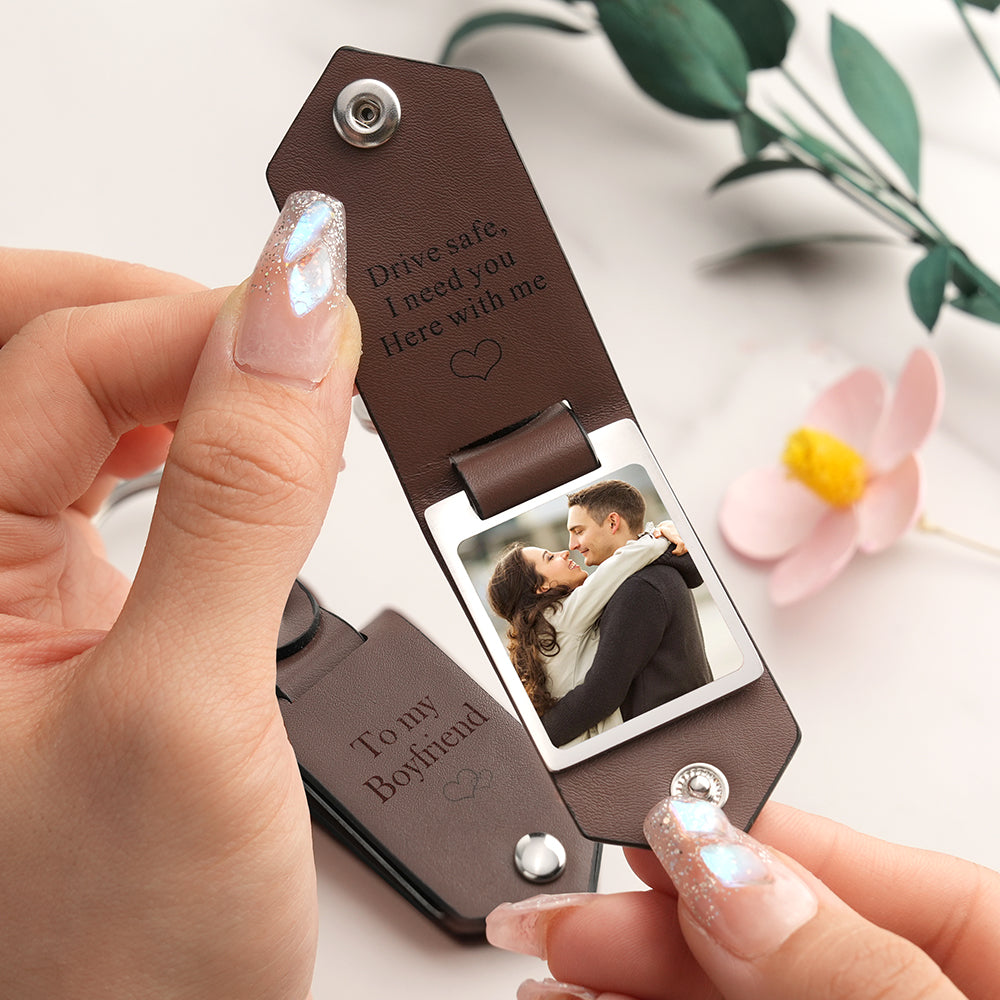 Drive Safe Keychain Leather Keychain to My Boy Friend Custom Leather Photo Text Keychain with Engraved Text