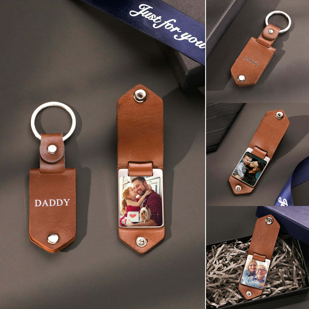 Leather Keychain Custom Engraved Keychain Photo Keychain Gift with Leather Case Gifts for Family