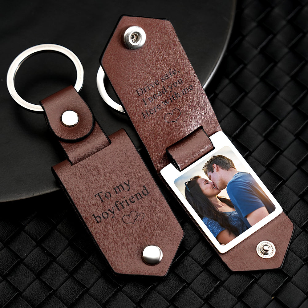 Drive Safe Keyring Leather Keychain to My Lover Boyfriend Custom Leather Photo Text Keychain with Engraved Text for Him