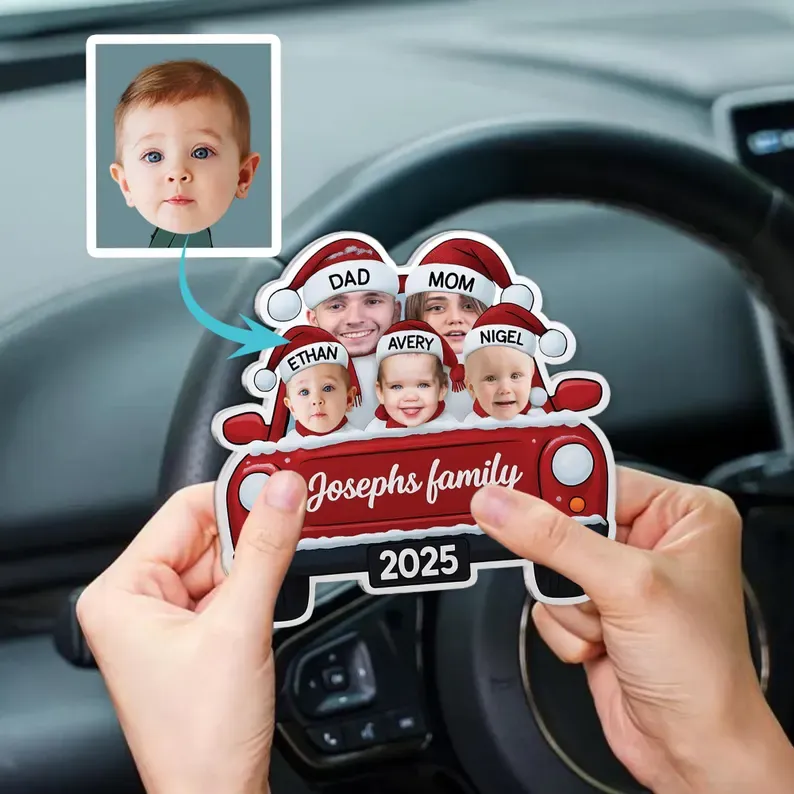 Personalized Family Christmas Ornament 2025 – Custom Face Car Ornament with Names, Santa Hat Design, Family Gift Keepsake