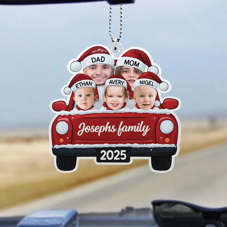 Personalized Family Christmas Ornament 2025 – Custom Face Car Ornament with Names, Santa Hat Design, Family Gift Keepsake
