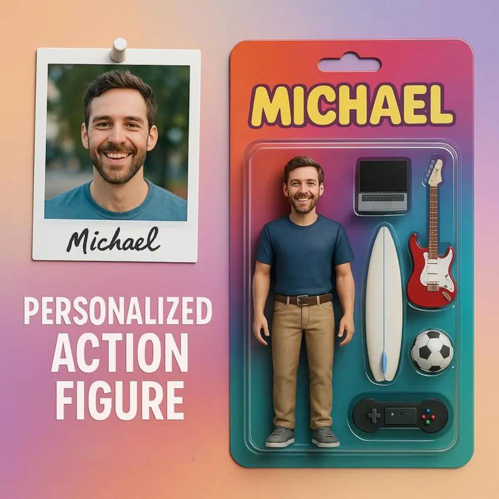 Custom 3D Effect Action Figure Pack Packaging Toy Box Style Art Gift Personalized Acrylic Car Hanger Gift for Dad - CustomPhotoKeychainUK