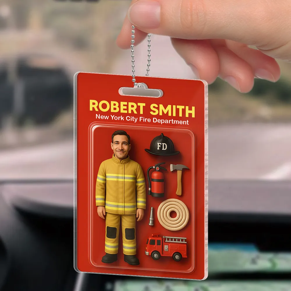 Custom 3D Effect Action Figure Pack Packaging Toy Box Style Art Gift Personalized Acrylic Car Hanger Gift for Dad - CustomPhotoKeychainUK
