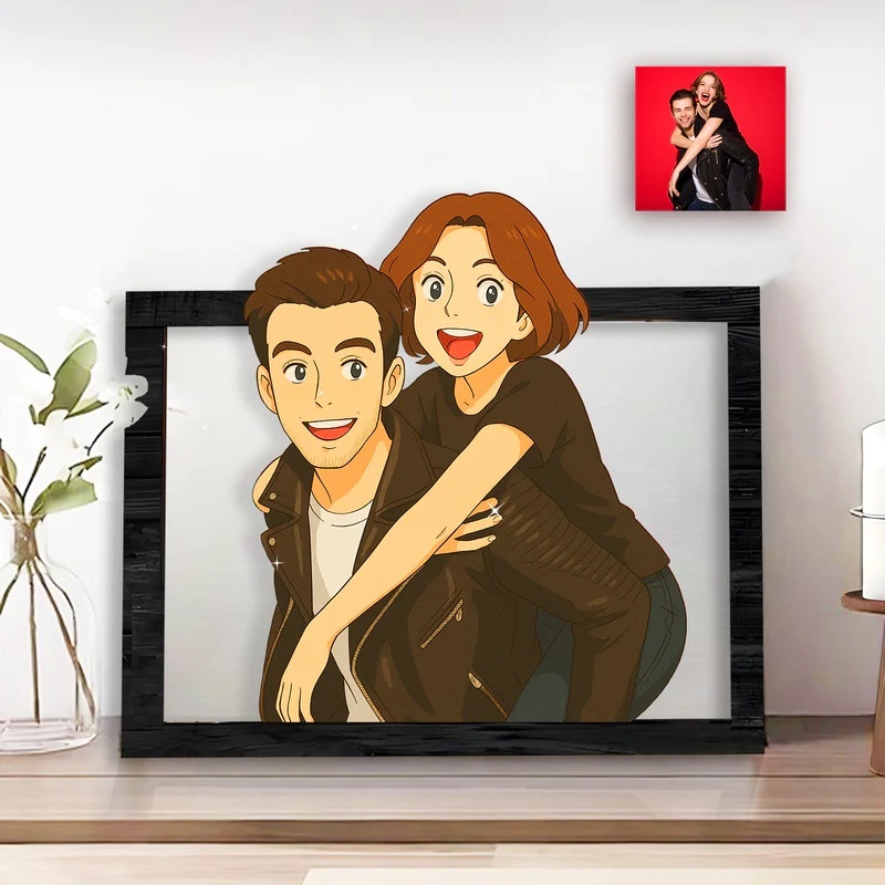 Personalized Ghibli Portrait Frame Wedding Anniversary Christmas Couple Gift - CustomPhotoKeychainUK
