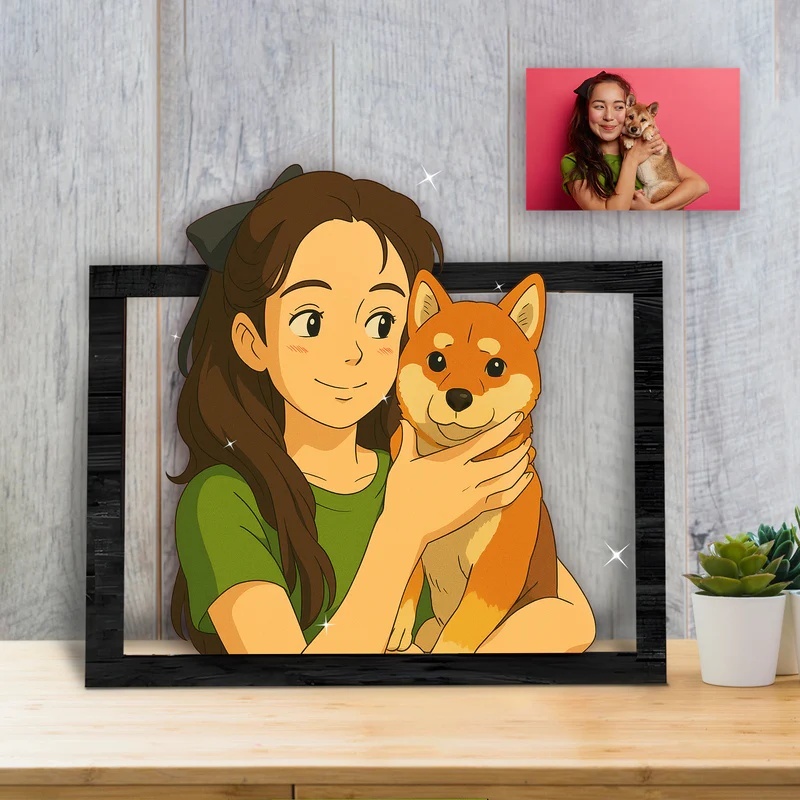 Personalized Ghibli Portrait Frame Wedding Anniversary Christmas Couple Gift - CustomPhotoKeychainUK