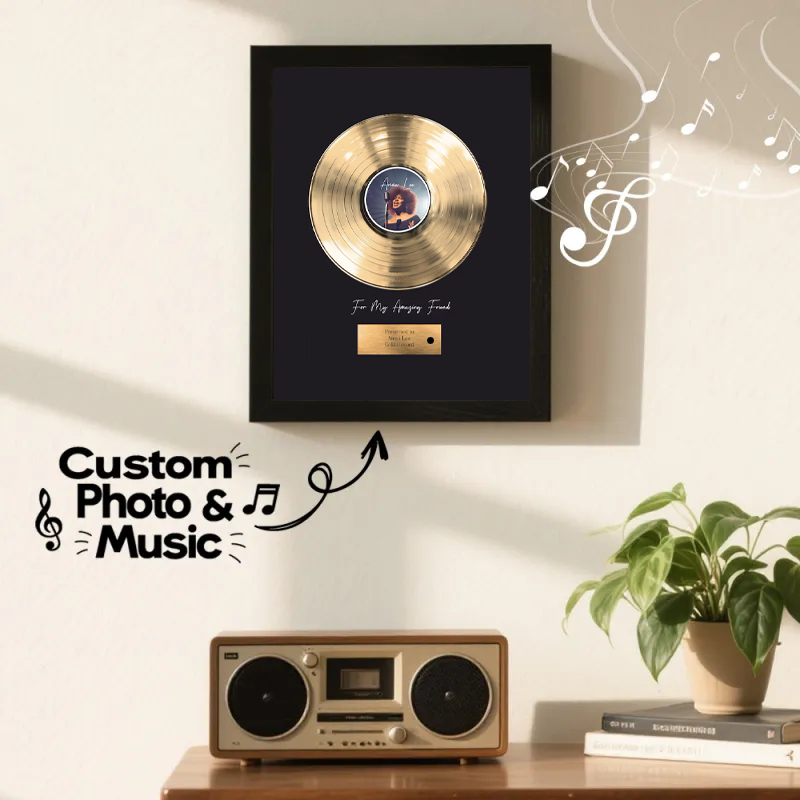 Personalized Golden Record Style Music Decor, Custom Music Photo Name, Custom Photo Music Plaque, Personalized Song Plaque, Click to Play No Phone Needed for Loved Ones - Photowatch