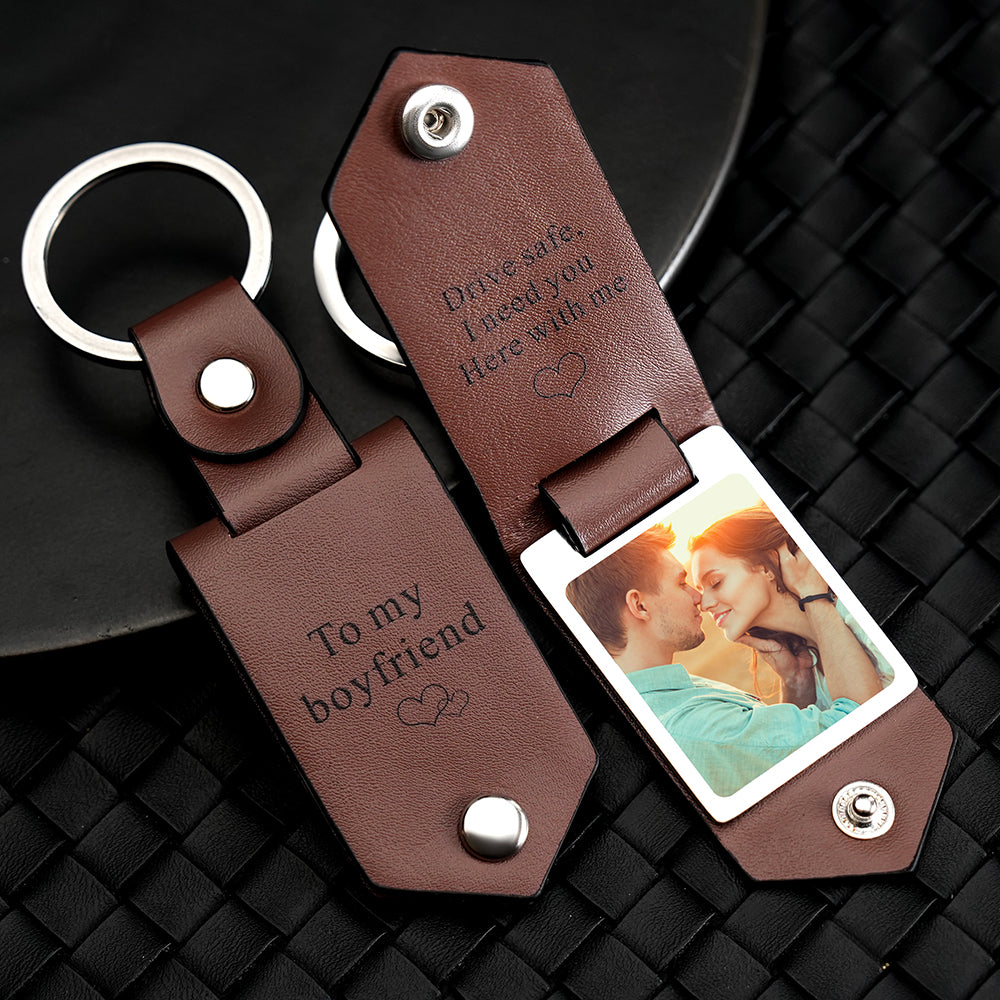 Drive Safe Keyring Leather Keyring to My Soulmate Custom Leather Photo Text Keychain with Engraved Text