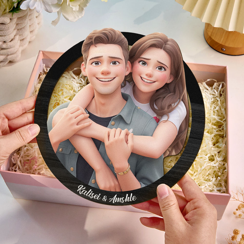 Couple Gifts for Valentine Custom Photo 3D Cartoon Portrait Gift Photo Frame, Cartoon Style 3D Photo Wooden Frame Sign, Wedding Anniversary Gift
