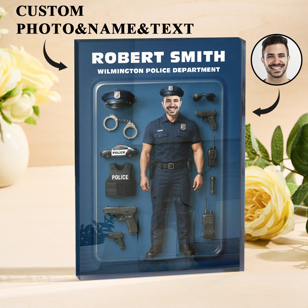Personalized 3D Effect Police Officer Action Figure Customizable Head Packaging Custom Acrylic Block Plaque Gift For Police Officers - CustomPhotoKeychainUK