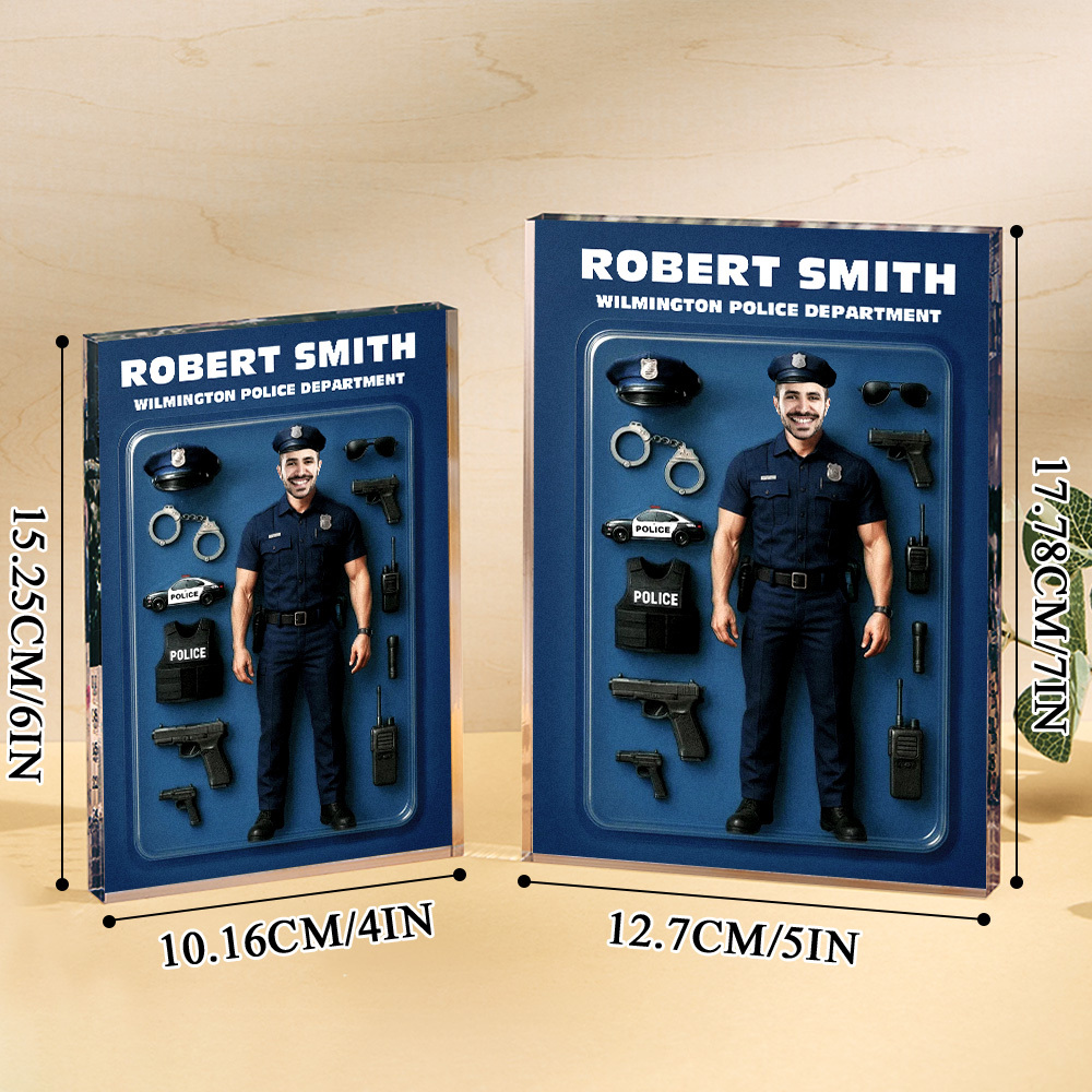 Personalized 3D Effect Police Officer Action Figure Customizable Head Packaging Custom Acrylic Block Plaque Gift For Police Officers - CustomPhotoKeychainUK