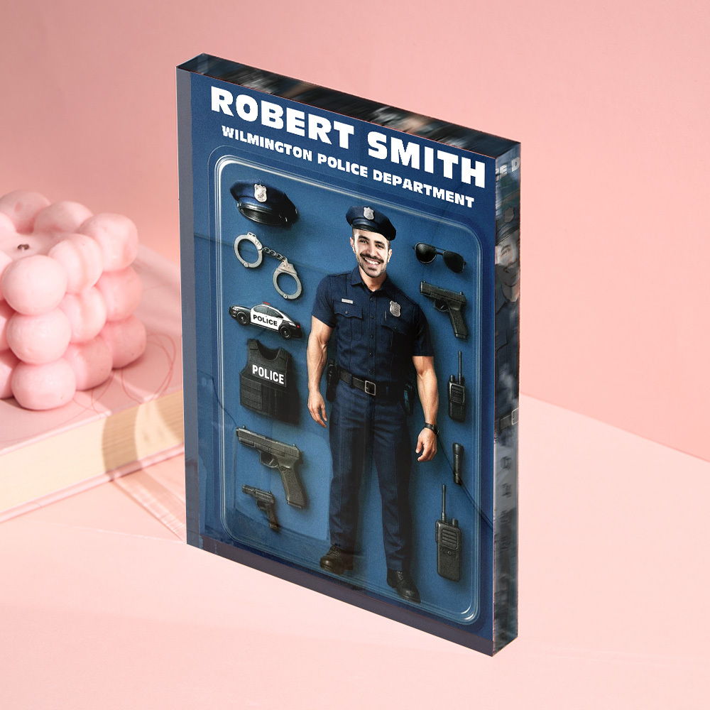 Personalized 3D Effect Police Officer Action Figure Customizable Head Packaging Custom Acrylic Block Plaque Gift For Police Officers - CustomPhotoKeychainUK