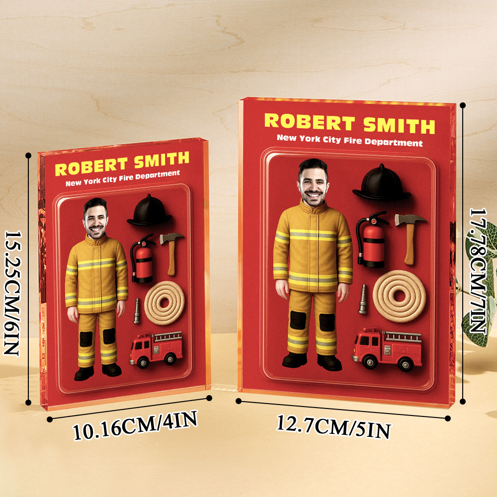 Personalized 3D Effect Firefighter Action Figure Customizable Head Packaging Custom Acrylic Block Plaque Gift For Firefighters - CustomPhotoKeychainUK