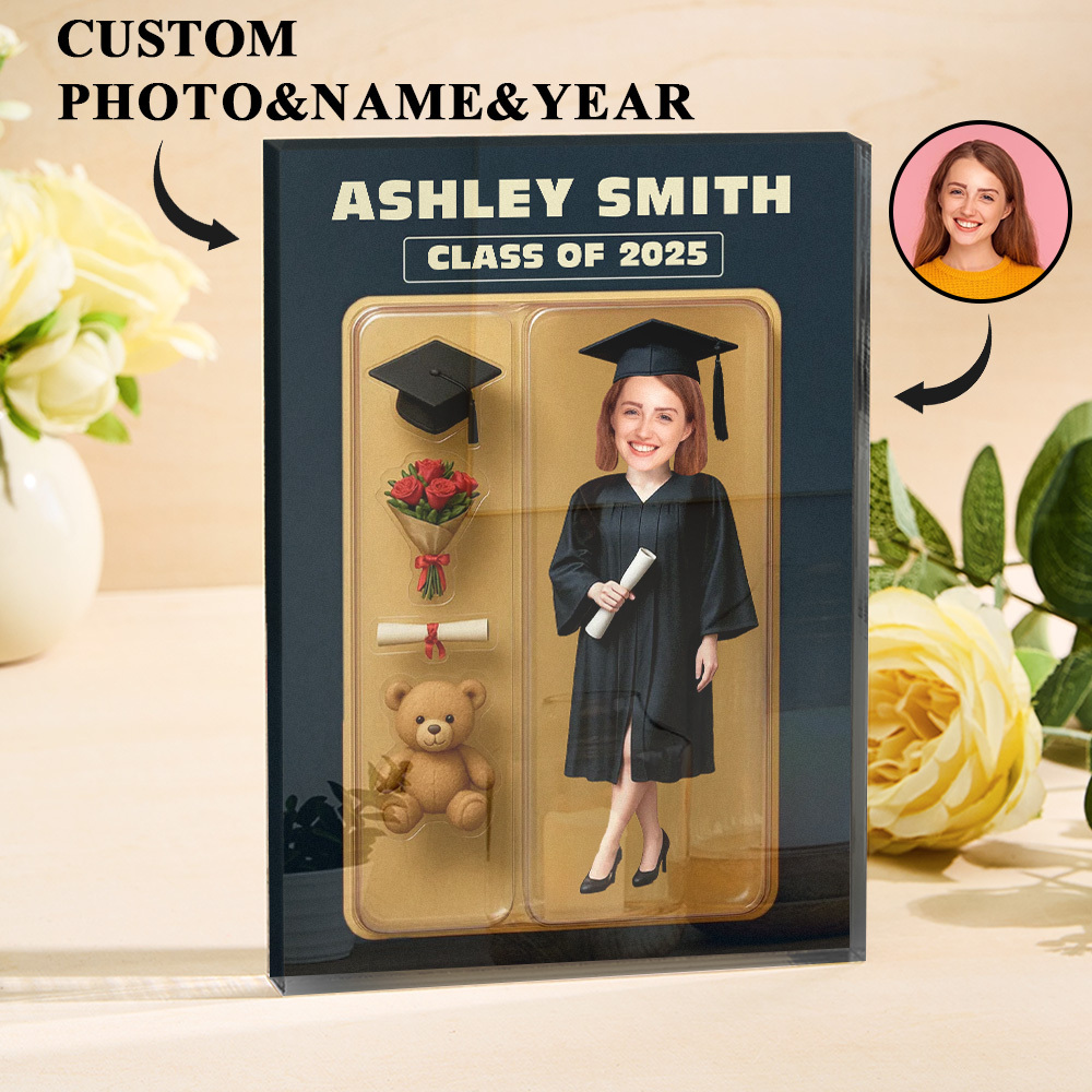 Personalized 3D Effect Graduation Action Figure Customizable Head Packaging Custom Acrylic Block Plaque Gift For Graduation - CustomPhotoKeychainUK