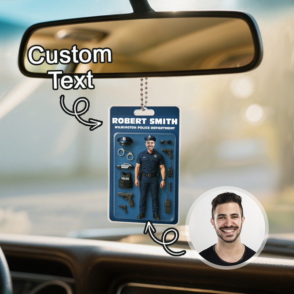 Custom 3D Effect Action Figure Customizable Head Packaging Toy Box Style Art Gift Personalized Acrylic Car Hanger Gift for Police Officers - CustomPhotoKeychainUK