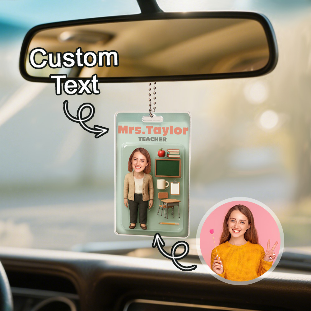 Custom 3D Effect Action Figure Customizable Head Packaging Toy Box Style Art Gift Personalized Acrylic Car Hanger Gift for Teacher - CustomPhotoKeychainUK