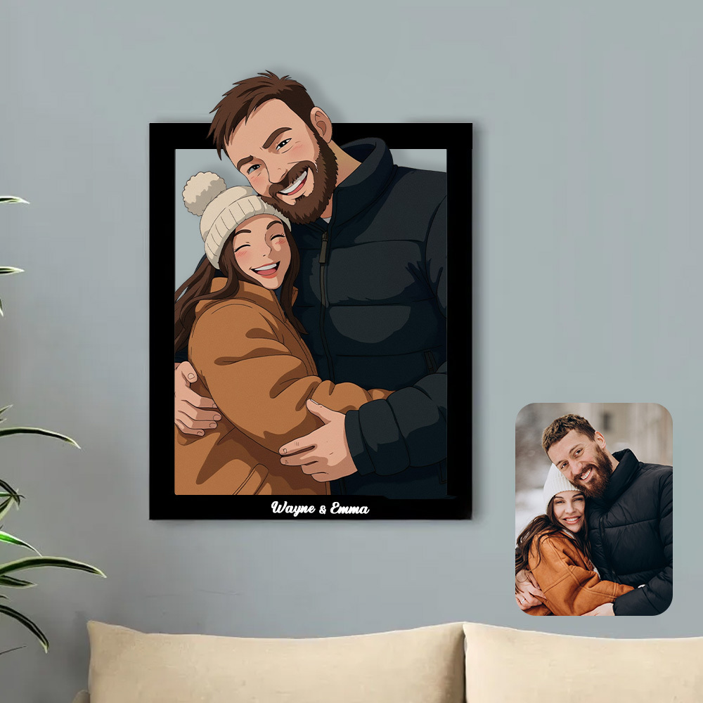 Personalized Ghibli Portrait Frame Wedding Anniversary Christmas Couple Gift - CustomPhotoKeychainUK