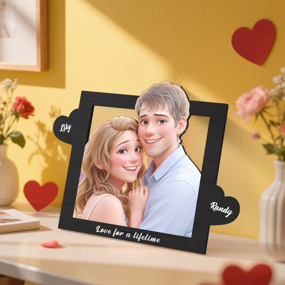 Personalized Pixar Cartoon Style Heart-Shaped Name Photo Frame Best Anniversary Birthday Family Holiday Gift