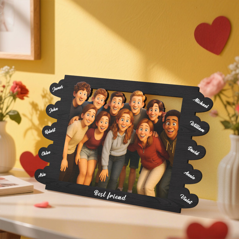 Personalized Pixar Cartoon Style Heart-Shaped Name Photo Frame Best Anniversary Birthday Family Holiday Gift