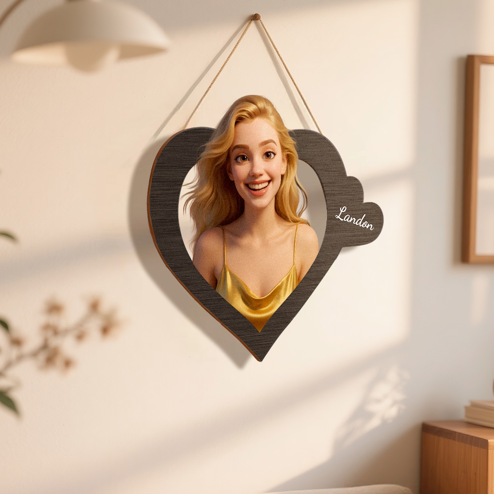 Personalized Pixar Cartoon-Style Wooden Family Name Heart-Shaped Photo