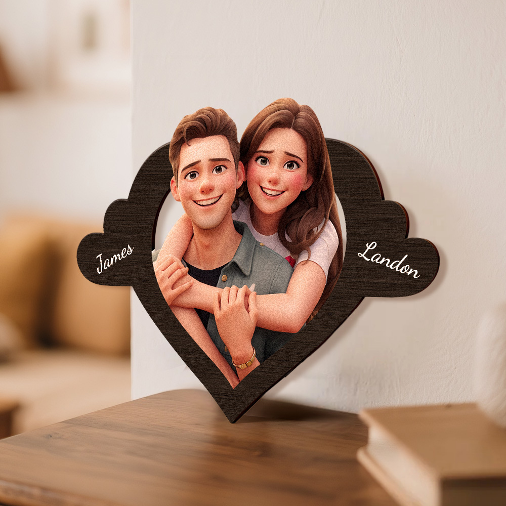 Personalized Pixar Cartoon-Style Wooden Family Name Heart-Shaped Photo Frame