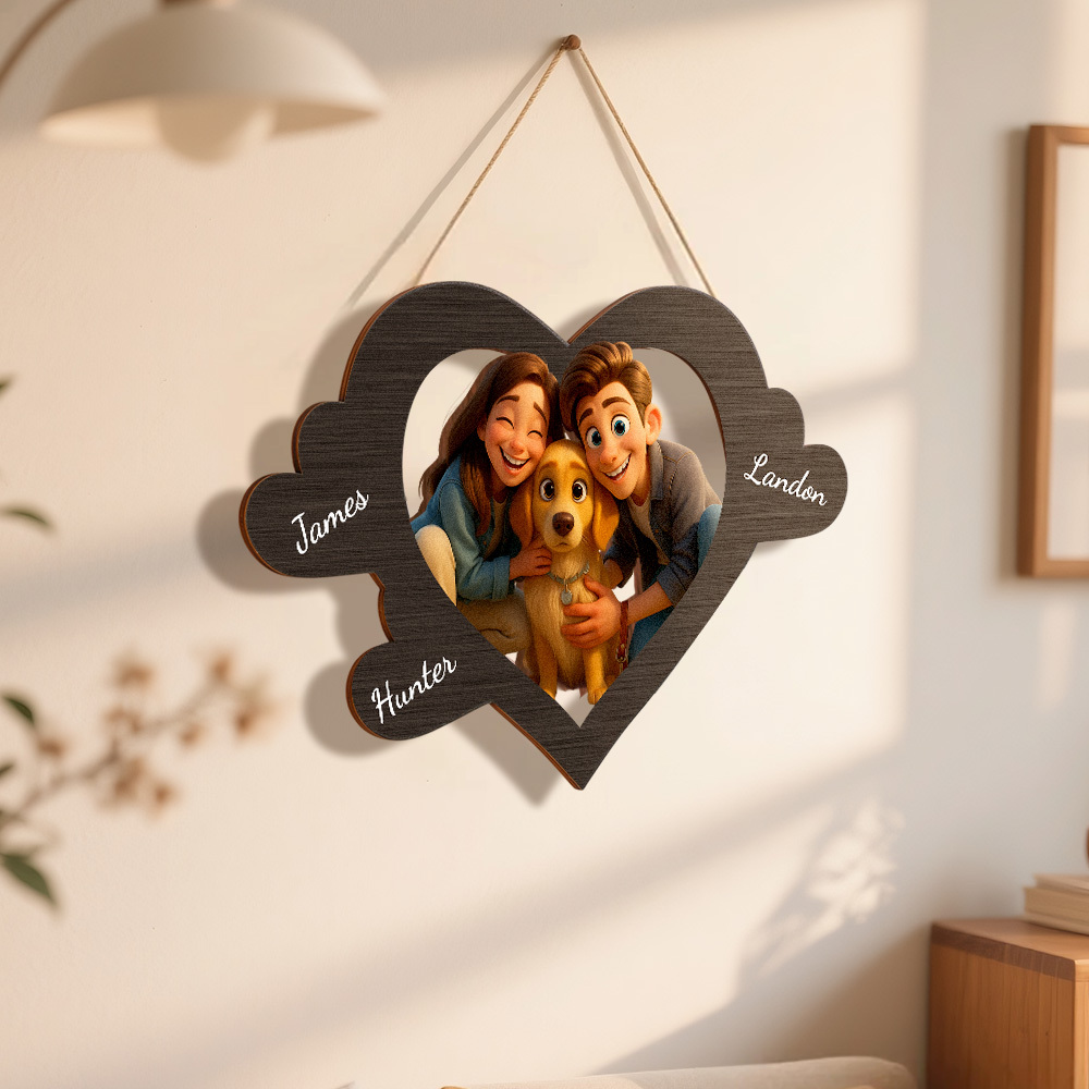 Personalized Pixar Cartoon-Style Wooden Family Name Heart-Shaped Photo Frame