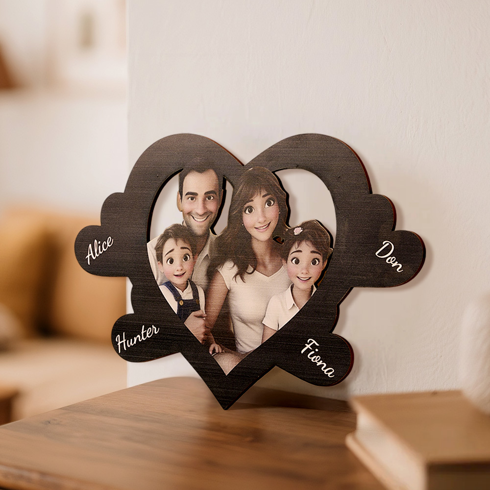 Personalized Pixar Cartoon-Style Wooden Family Name Heart-Shaped Photo Frame