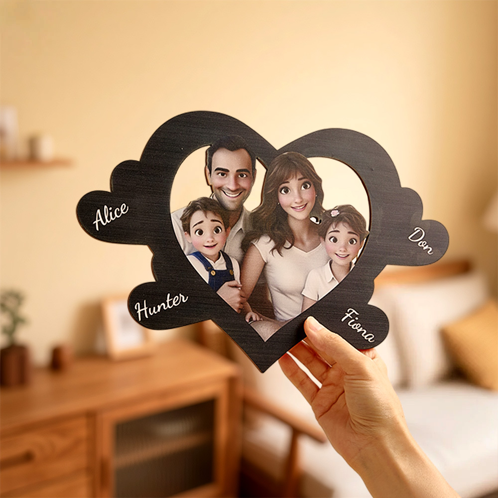 Personalized Pixar Cartoon-Style Wooden Family Name Heart-Shaped Photo Frame