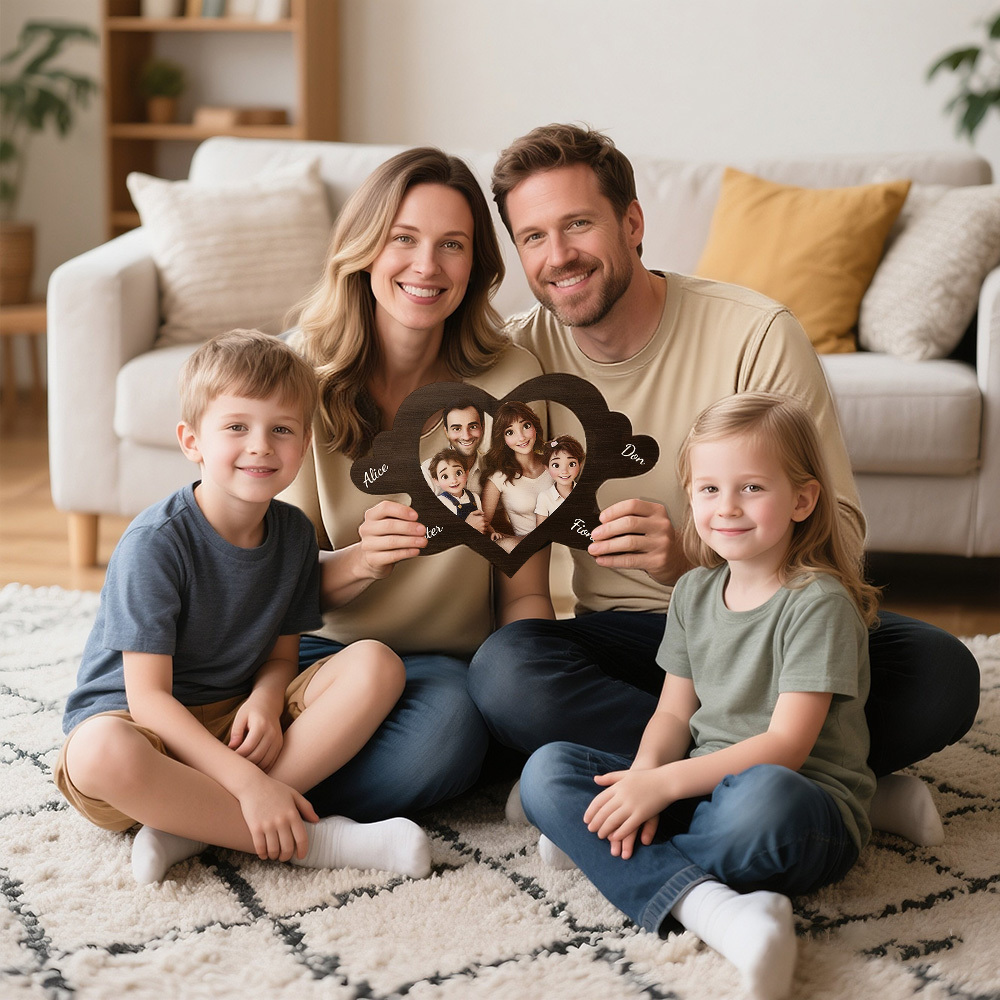 Personalized Pixar Cartoon-Style Wooden Family Name Heart-Shaped Photo Frame