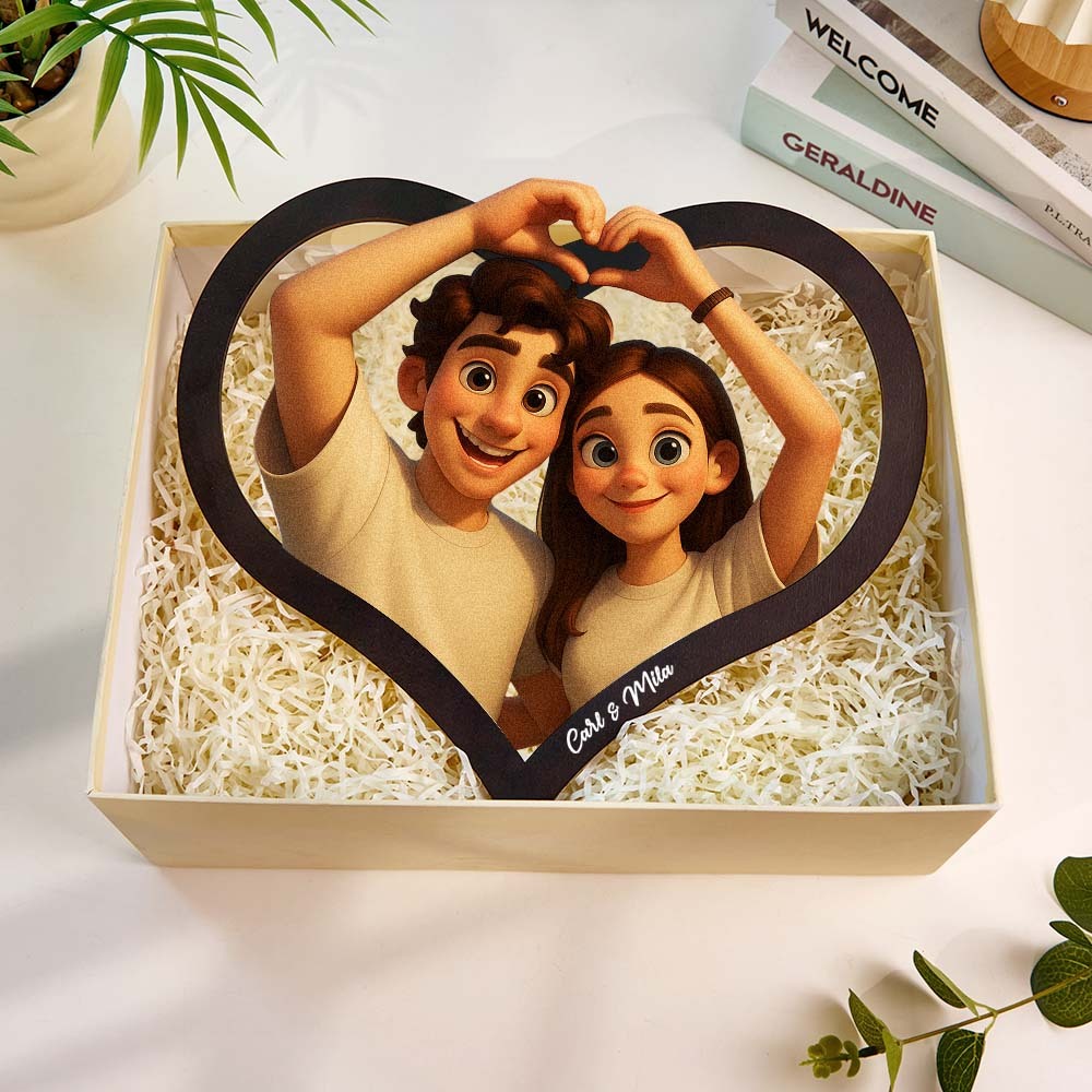 Personalized Heart-Shaped Cartoon Couple Frame｜Your Photo Transformed into Custom Illustration｜Add Names & Special Dates｜Romantic Gift for Couples