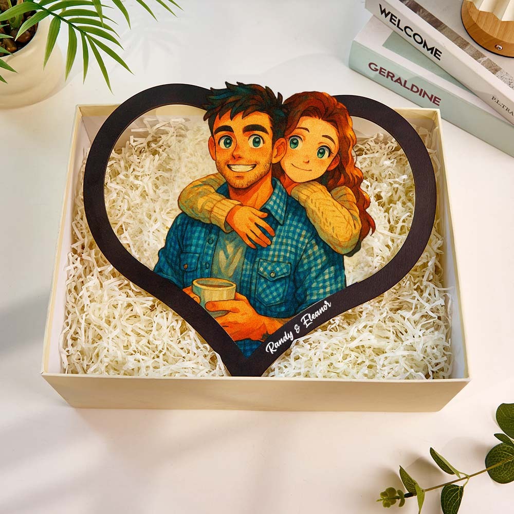Personalized Heart-Shaped Cartoon Couple Frame｜Your Photo Transformed into Custom Illustration｜Add Names & Special Dates｜Romantic Gift for Couples