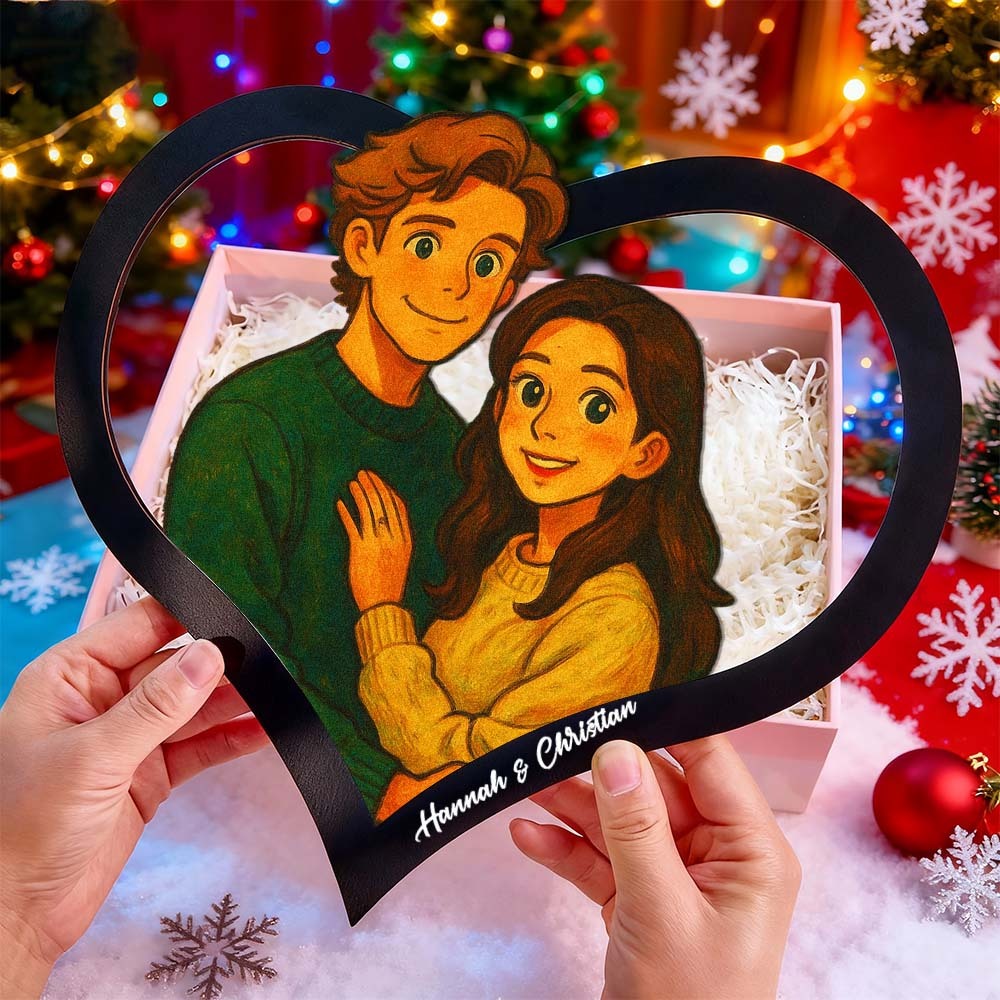 Personalized Heart-Shaped Cartoon Couple Frame｜Your Photo Transformed into Custom Illustration｜Add Names & Special Dates｜Romantic Gift for Couples
