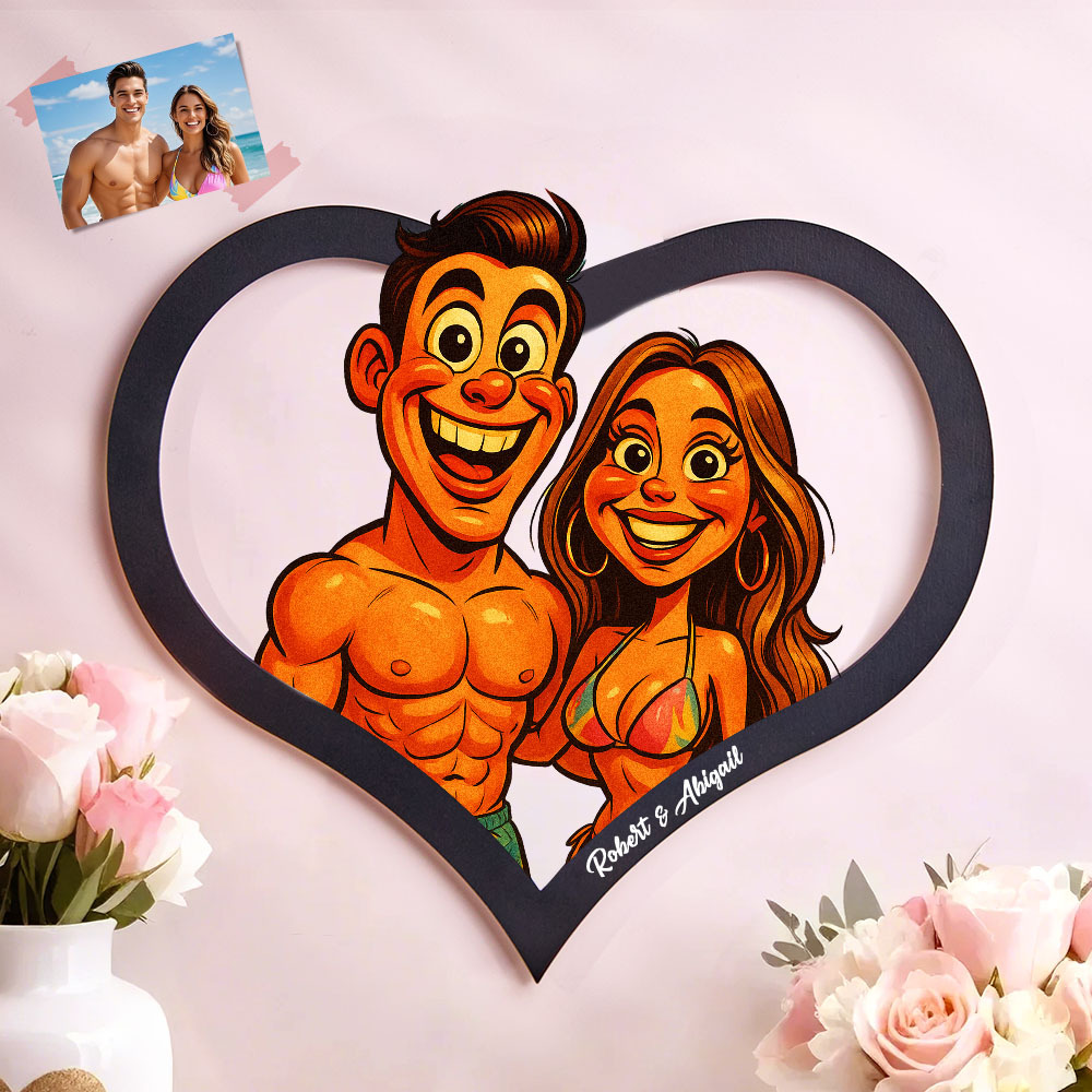 Personalized Heart-Shaped Cartoon Couple Frame｜Your Photo Transformed into Custom Illustration｜Add Names & Special Dates｜Romantic Gift for Couples